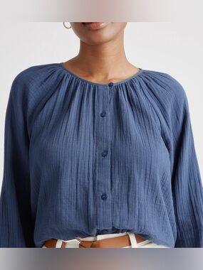 100% Organic Cotton Gauze Peasant Blouse - Indigo Blue